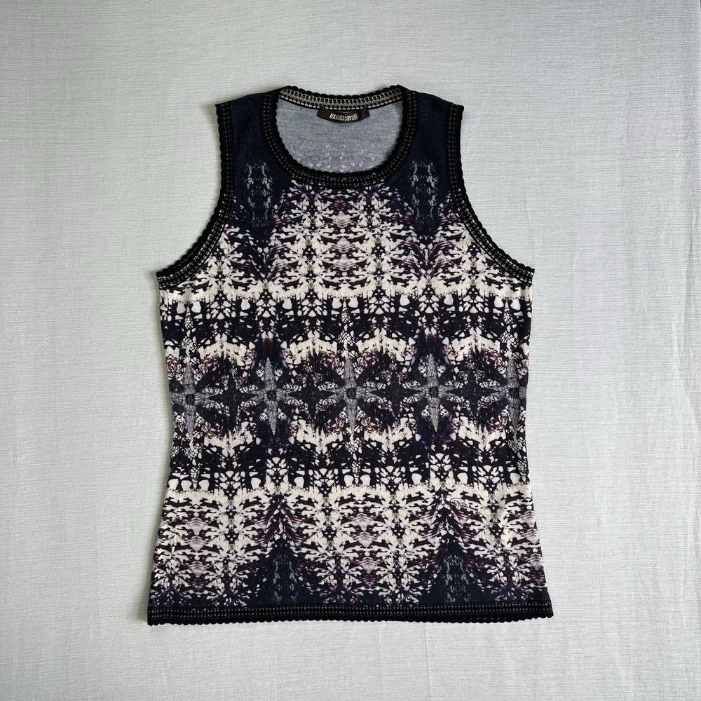 Roberto Cavalli Silk Cashmere Wool Tank Top Abstract Fractal Women 46 Purple